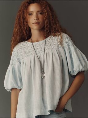 Anthropologie Lizzie Light Blue and White Stripe Smocked Puff Sleeve Top